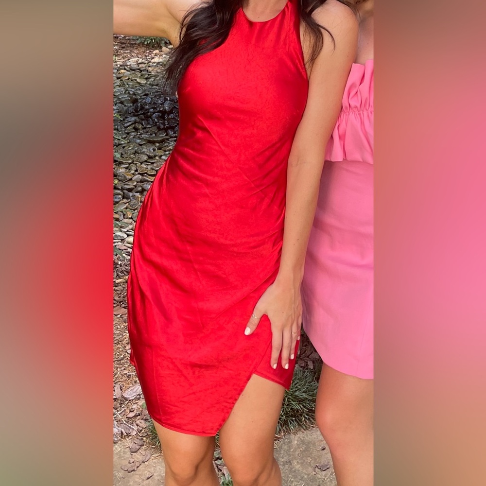 Halter open back red silk mini dress